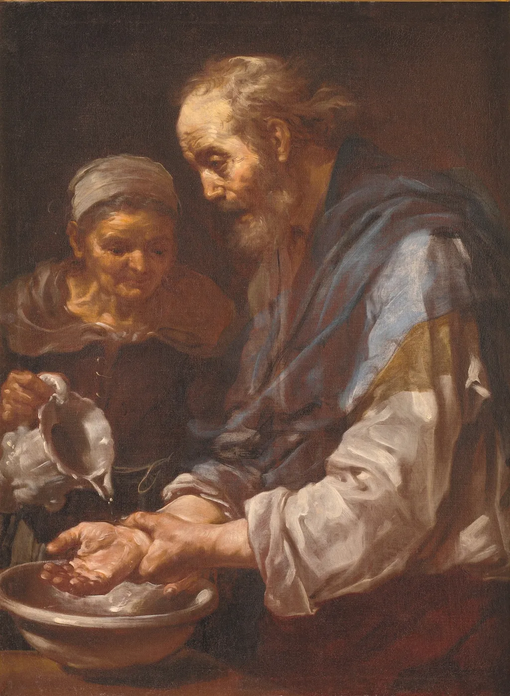 Gammel mand, der vasker hænder, by Bernhard Keil, oil, 1650