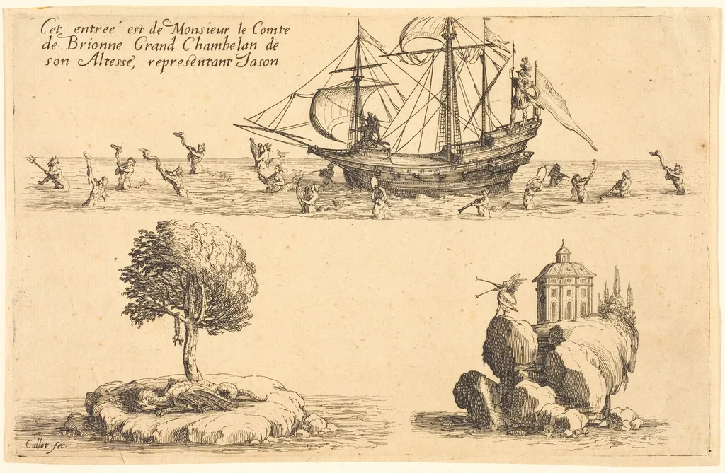 Entry of M. le Comte de Brionne, Grand Chamberlain of His Highness,Representing Jason, by Jacques Callot, ink, 1627