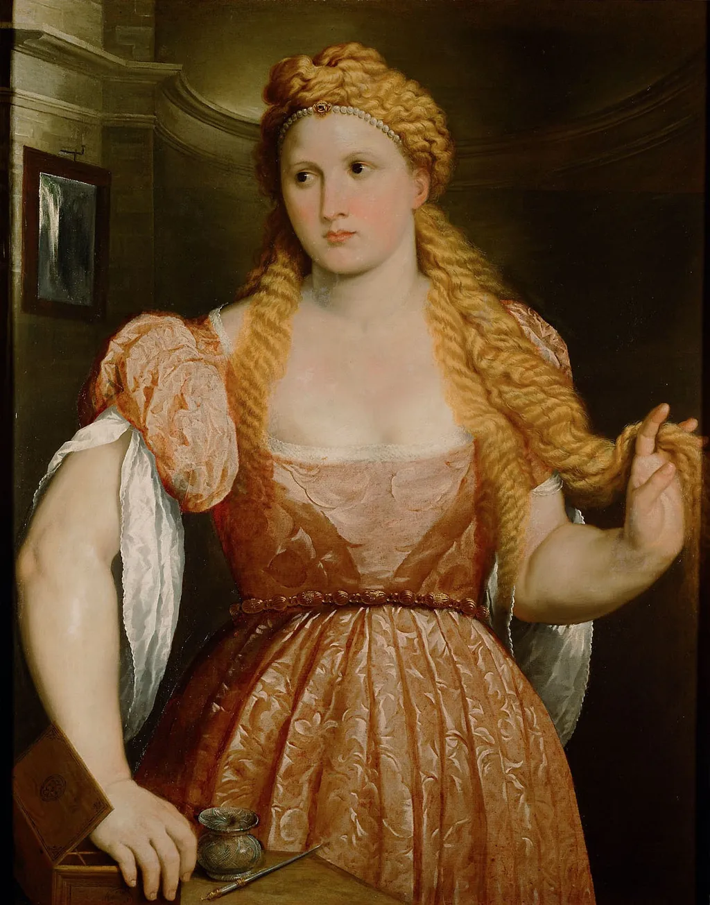 Young Woman at Dressing table, by Paris Bordone, oil, 1550