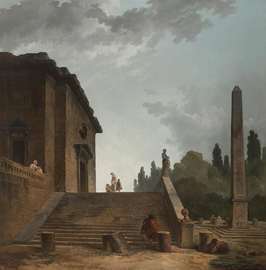 Landscape with a Stairs and Obelisk, by Hubert Robert, oil, 1770