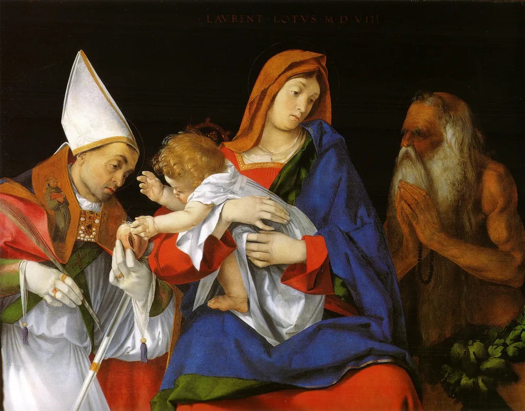 Madonna with Child between Sts. Flavian and Onuphrius, by Lorenzo Lotto, oil, 1506
