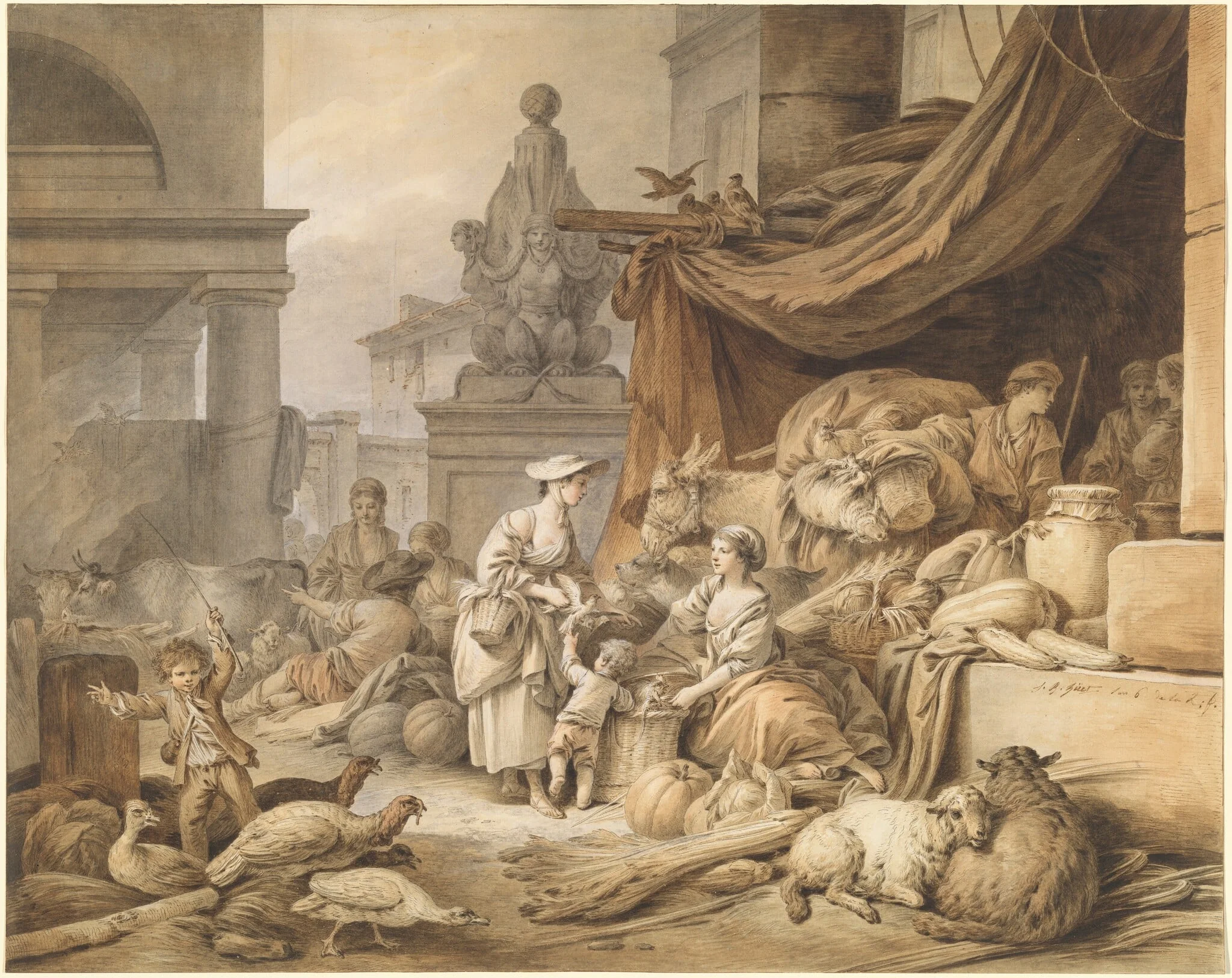 Market Scene with a Fantastic Sculpture, detail