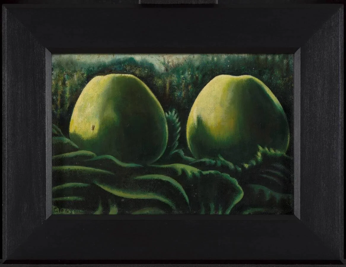 Twee appels in bladeren, detail