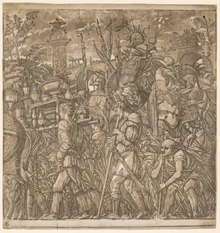 The Triumph of Julius Caesar:  Soldiers Carrying Vases and Trophies of War, by Andrea Andreani, 1596