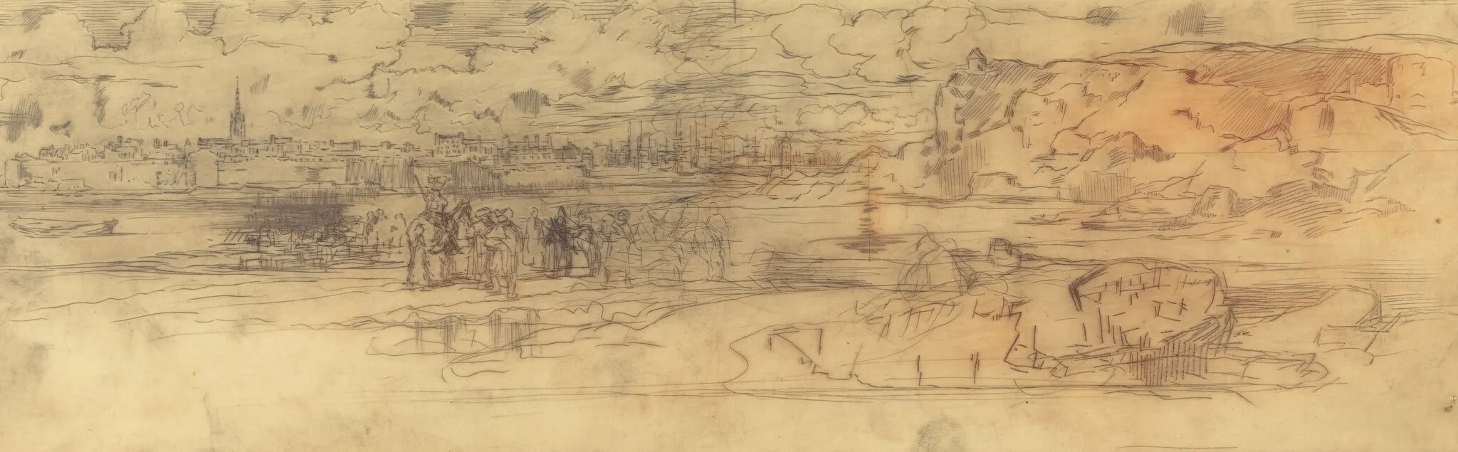 Estuary with a Fortified Seaport at Left and Cliffs at Right, detail