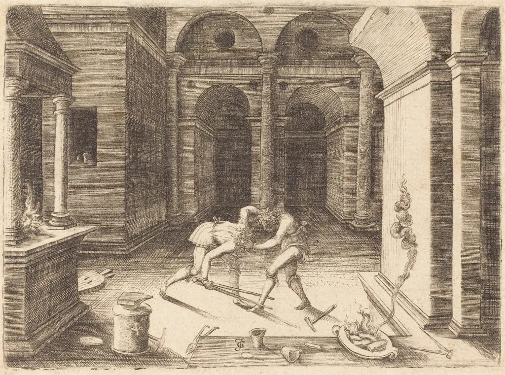 Two Apprentices Fighting, by Jean de Gourmont I, ink, 1518