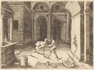 Two Apprentices Fighting, by Jean de Gourmont I, ink, 1518