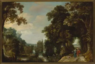 Landscape with an alley and castle on the water, by Jacques van der Wijen, oil, 1634