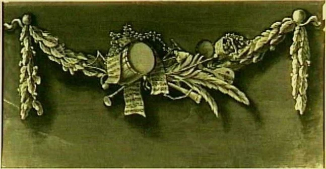 Decoratiestuk met een guirlande met muziekinstrumenten, detail