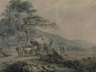 Landscape with wagon and figures, by John Rathbone, watercolor, 1770