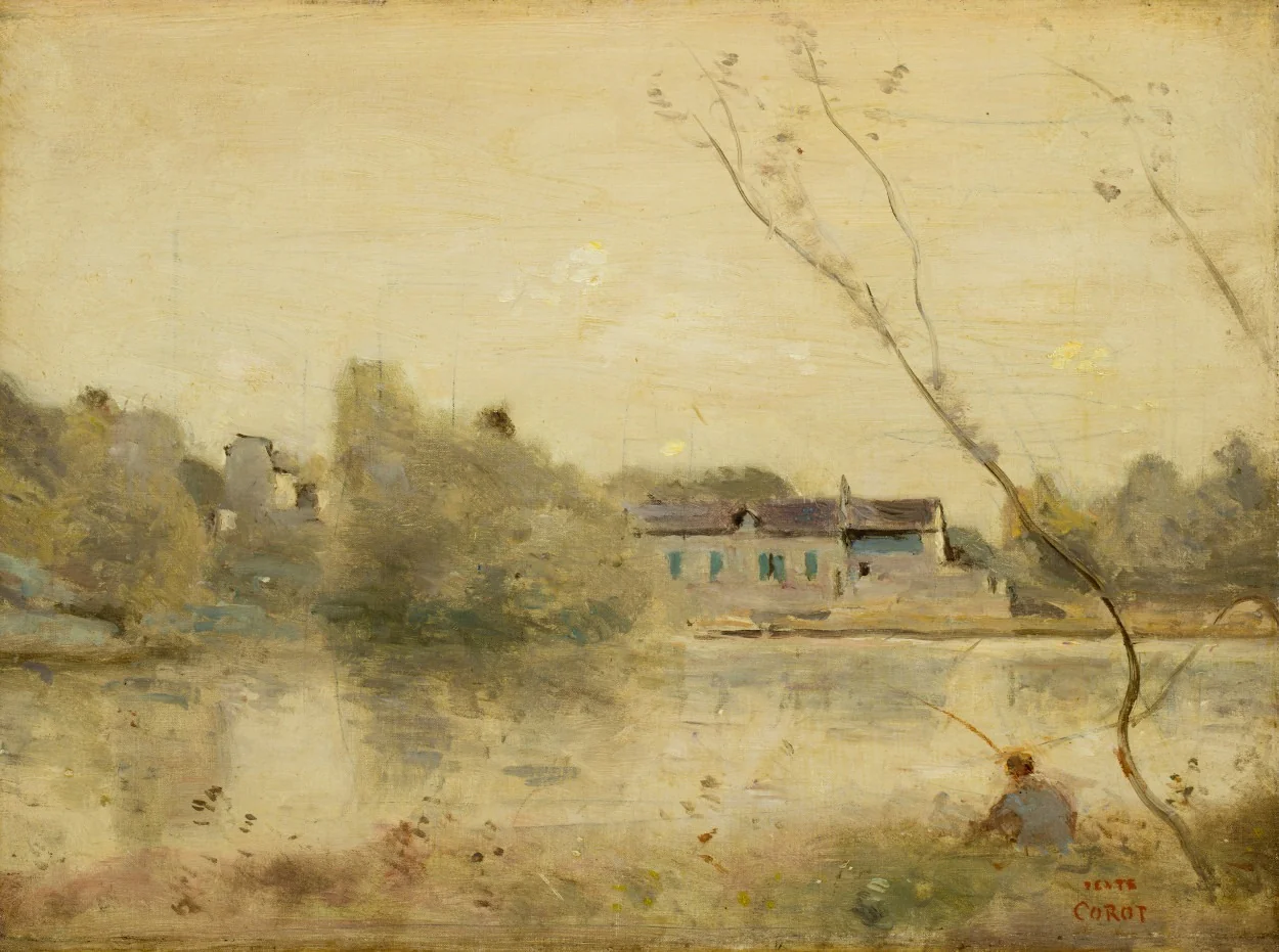 Ville-d'Avray. L'étang, petits arbres penchés au premier plan, detail