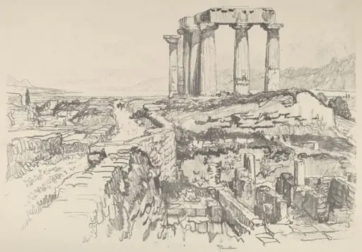 Corinth, towards the Gulf, by Joseph Pennell, ink, 1913