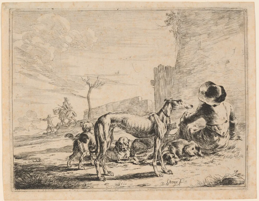 A Seated Man with a Pack of Dogs, by Dirck Stoop, ink, 1651
