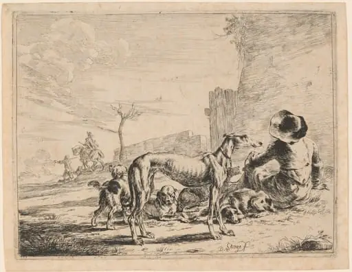 A Seated Man with a Pack of Dogs, by Dirck Stoop, ink, 1651