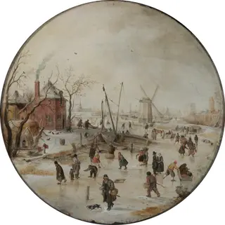 Frozen River with Skaters, by Hendrick Avercamp, oil, 1620