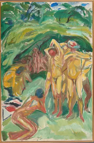 Naked men in the Woods, by Edvard Munch, oil, 1919