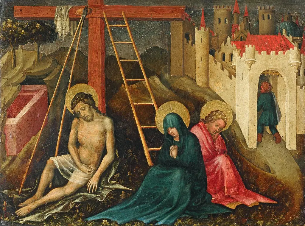 Lamentation with Mary and John, by Master of the Presentation of Christ, oil, 1425