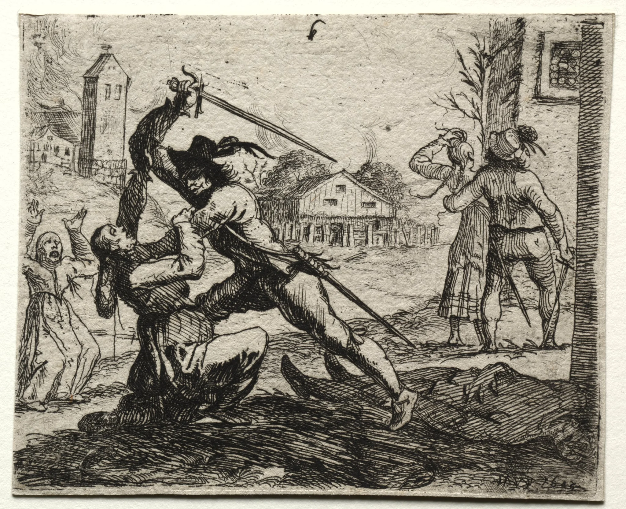 Military Subjects: Two Soldiers Pursuing Women in a Village, detail