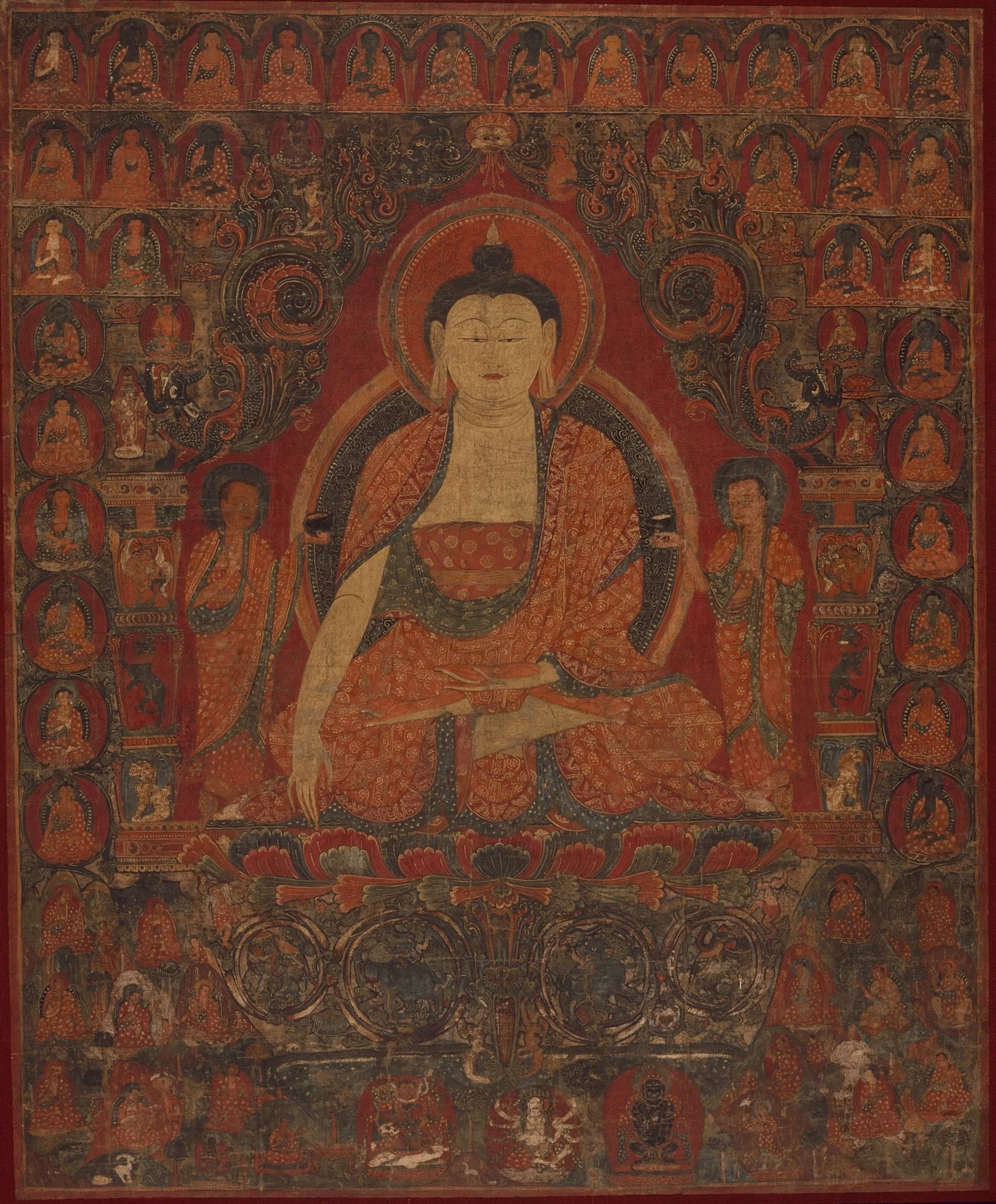 Shakyamuni with the Thirty-Five Buddhas of the Confession of Sins and the Eighteen Arhats, detail