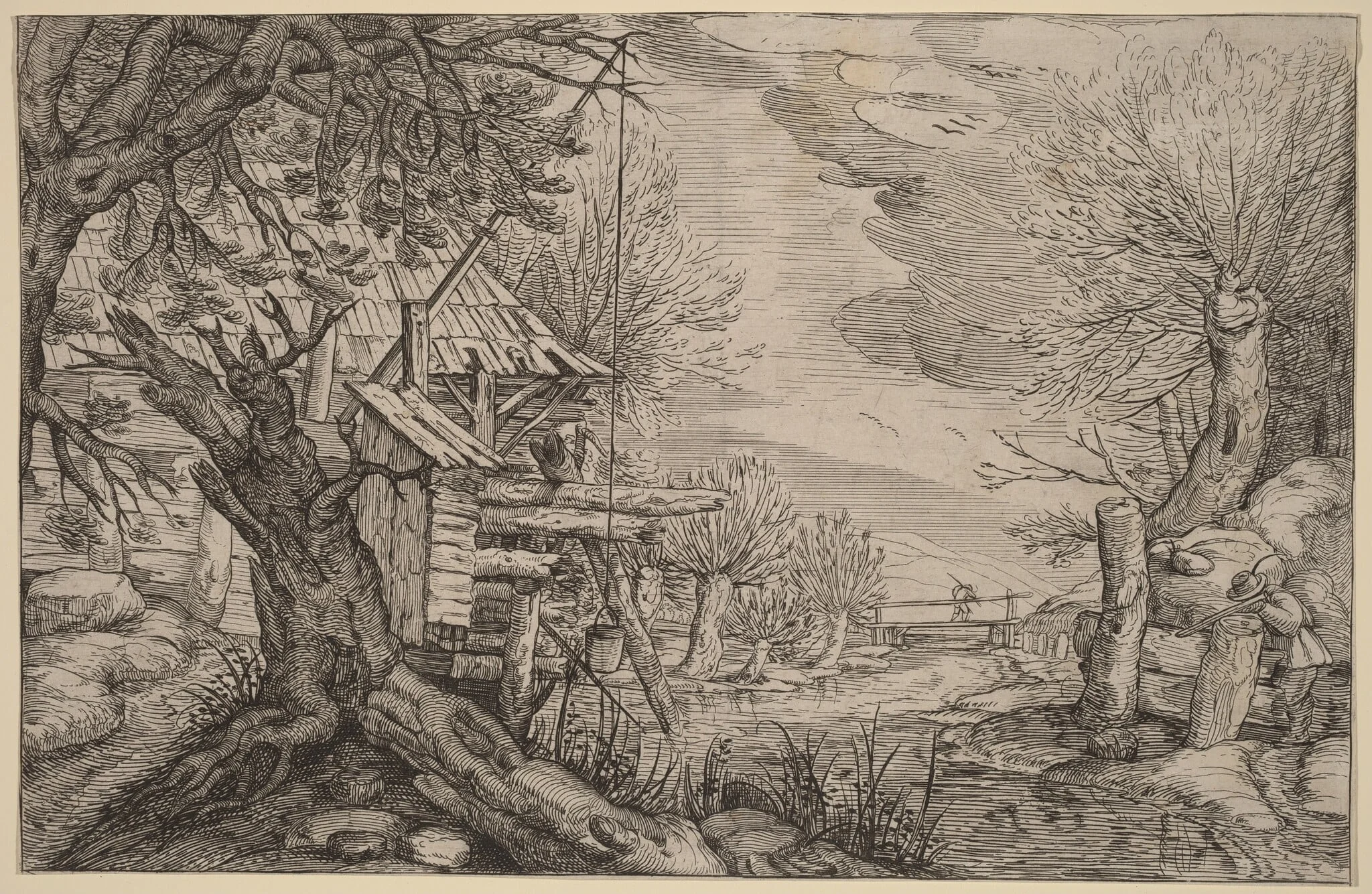 Landscape with Log House near a River, detail