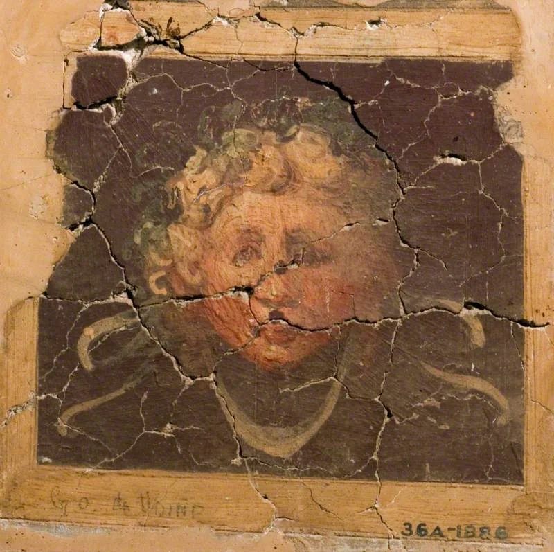 Female Head Framed by a Pattern of Ribbons (fragment of a wall decoration), detail
