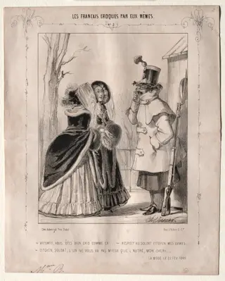 Les Français croquès par eux-mêmes:  Vicomte, vous êtes bien laid comme ca!,,,Respect au soldat citoyen, mes dames...Citoyen, soldat, l'un ne vous va pas mieux que l'autre, mon cher!, by Charles Vernier, 1840