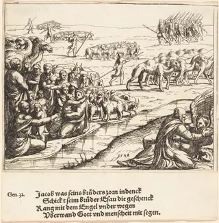 Jacob Wrestling with the Angel, by Augustin Hirschvogel, ink, 1548