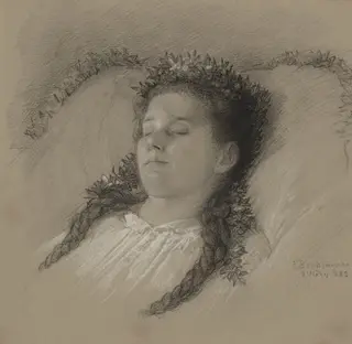 A Girl on Her Deathbed with a Crown of Flowers, by Eduard Julius Friedrich Bendemann, chalk, 1882