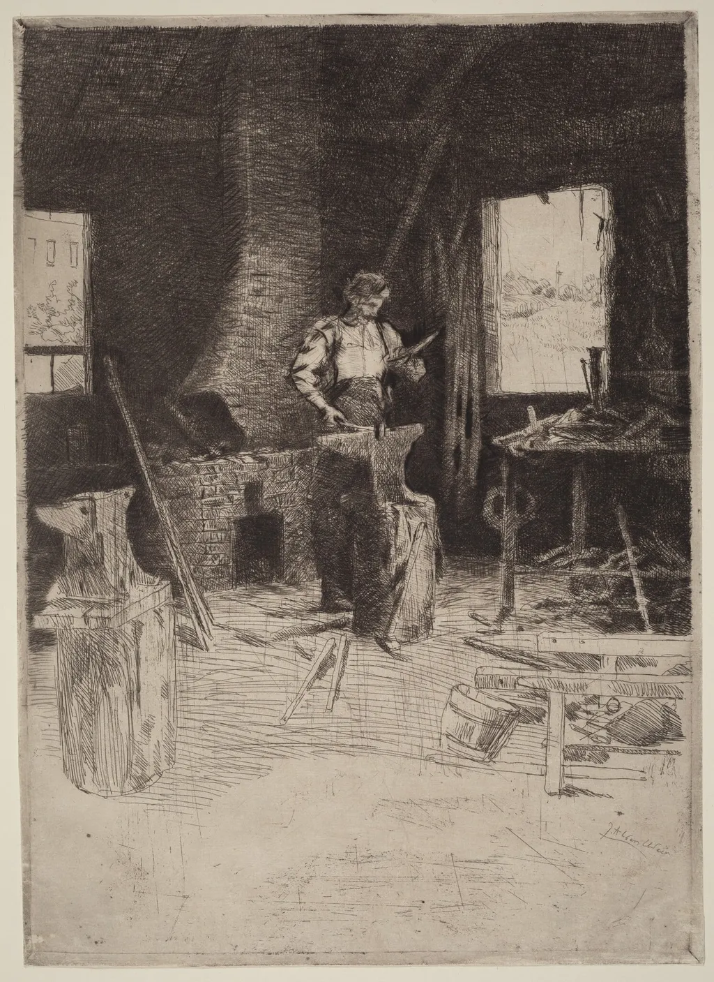 The Blacksmith's Shop, by Julian Alden Weir, ink, 1886