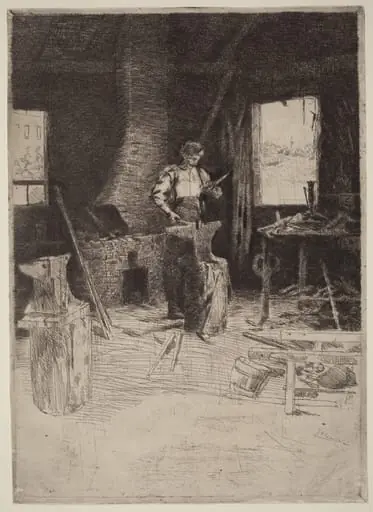 The Blacksmith's Shop, by Julian Alden Weir, ink, 1886