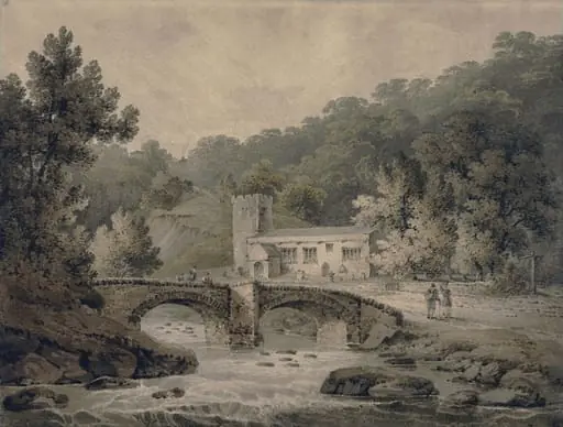 Church and bridge at Hubberholme, Yorkshire, by James Bourne, watercolor, 1800