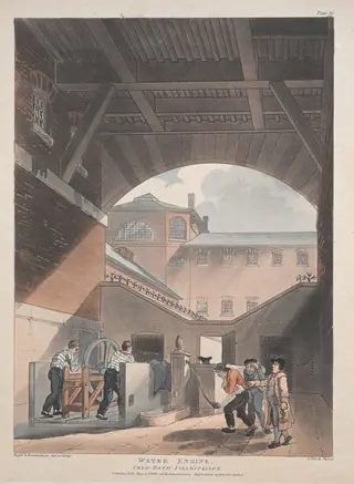 Water Engine, Cold Bath, Field's Prison, by Thomas Rowlandson, 1808