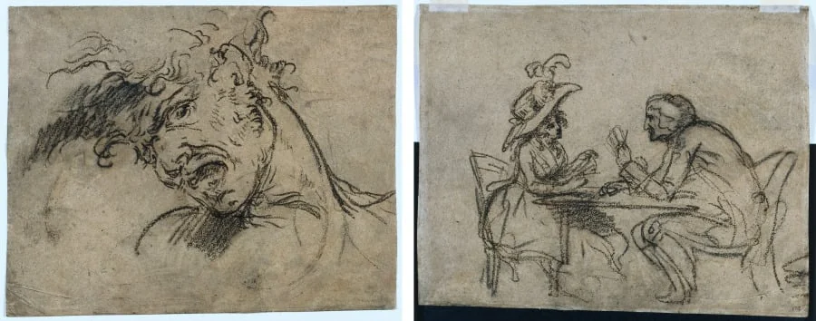 Head of a Screaming Man (recto); Woman and Man Playing Cards (verso), detail