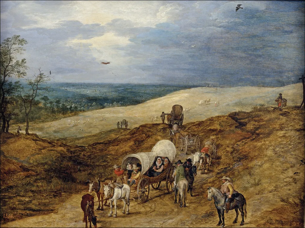 Landscape with Wagons, by Jan Brueghel, the elder, oil, 1603