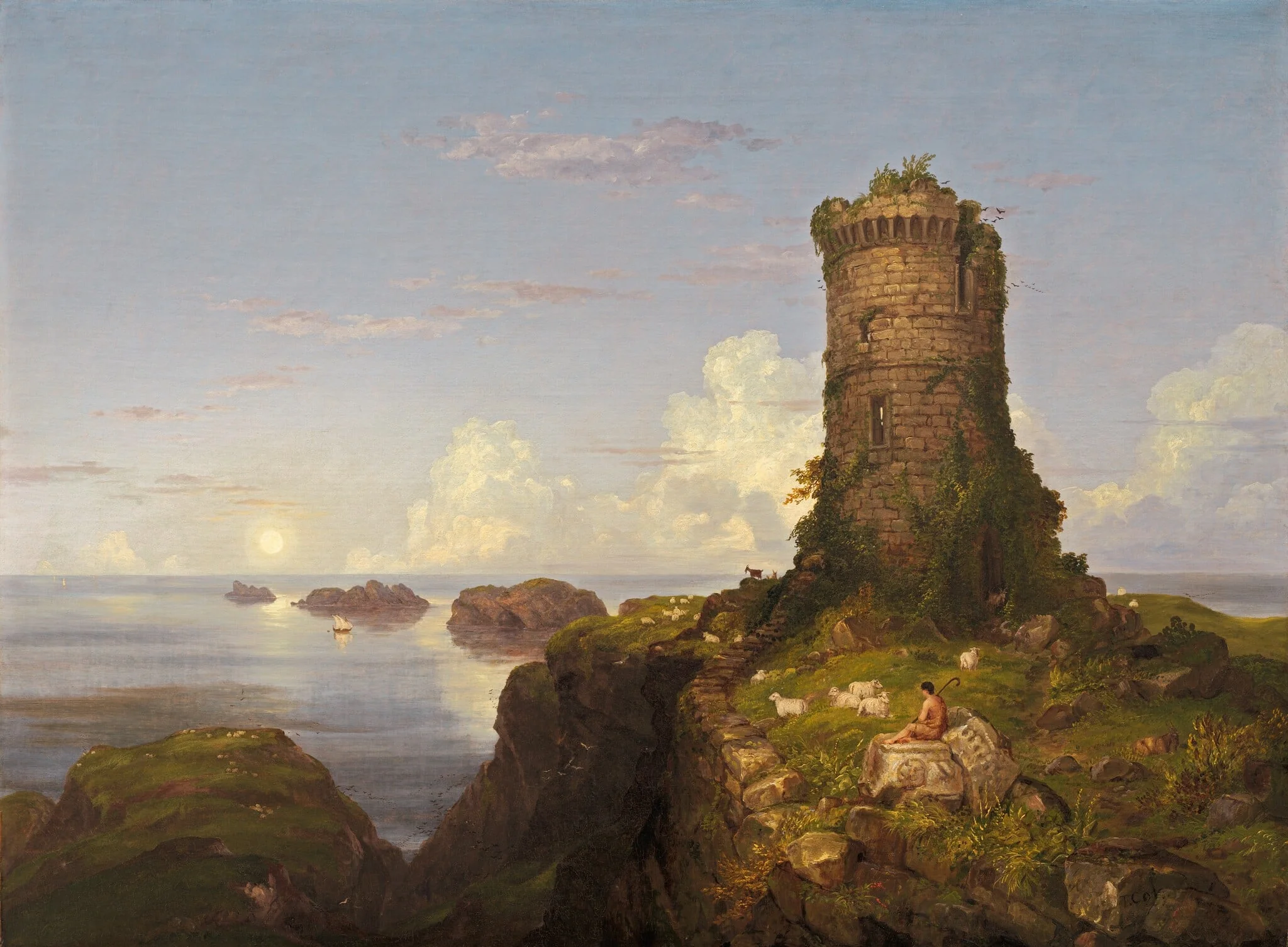 Italian Coast Scene with Ruined Tower, detail