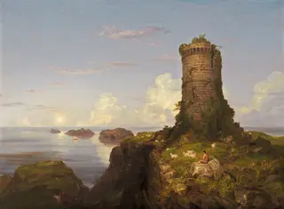 Italian Coast Scene with Ruined Tower, by Thomas Cole, oil, 1838