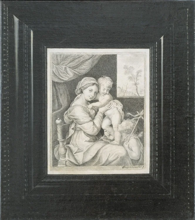 Trompe l'oeil af et indrammet kobberstik af Maria med Barnet, detail