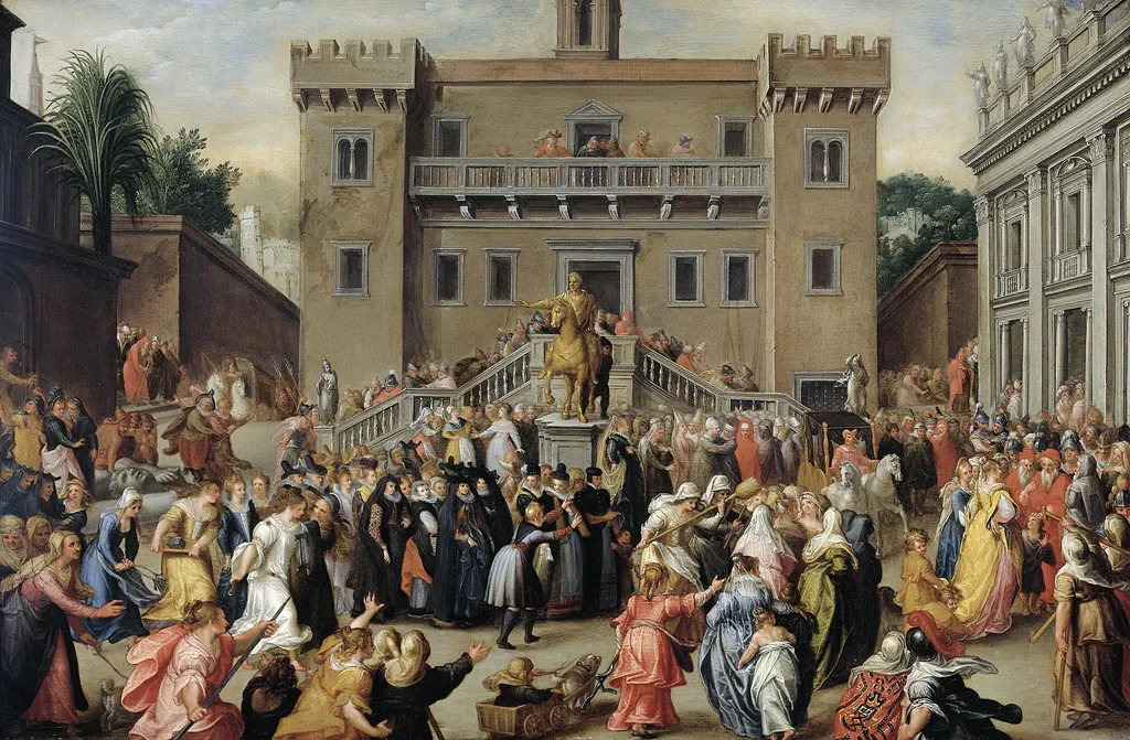 The Women of Rome Gathering at the Capitol, by Pieter Isaacsz, oil, 1600