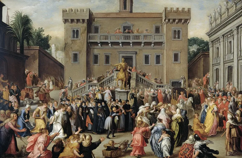 The Women of Rome Gathering at the Capitol, by Pieter Isaacsz, oil, 1600