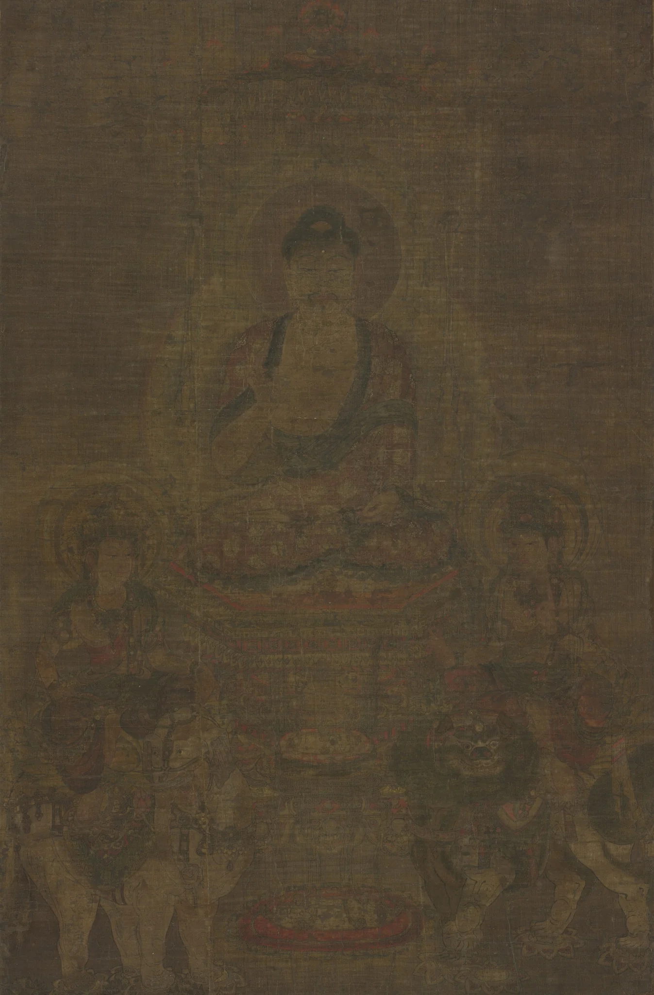 Shakyamuni Triad: Buddha Attended by Manjushri and Samantabhadra, detail