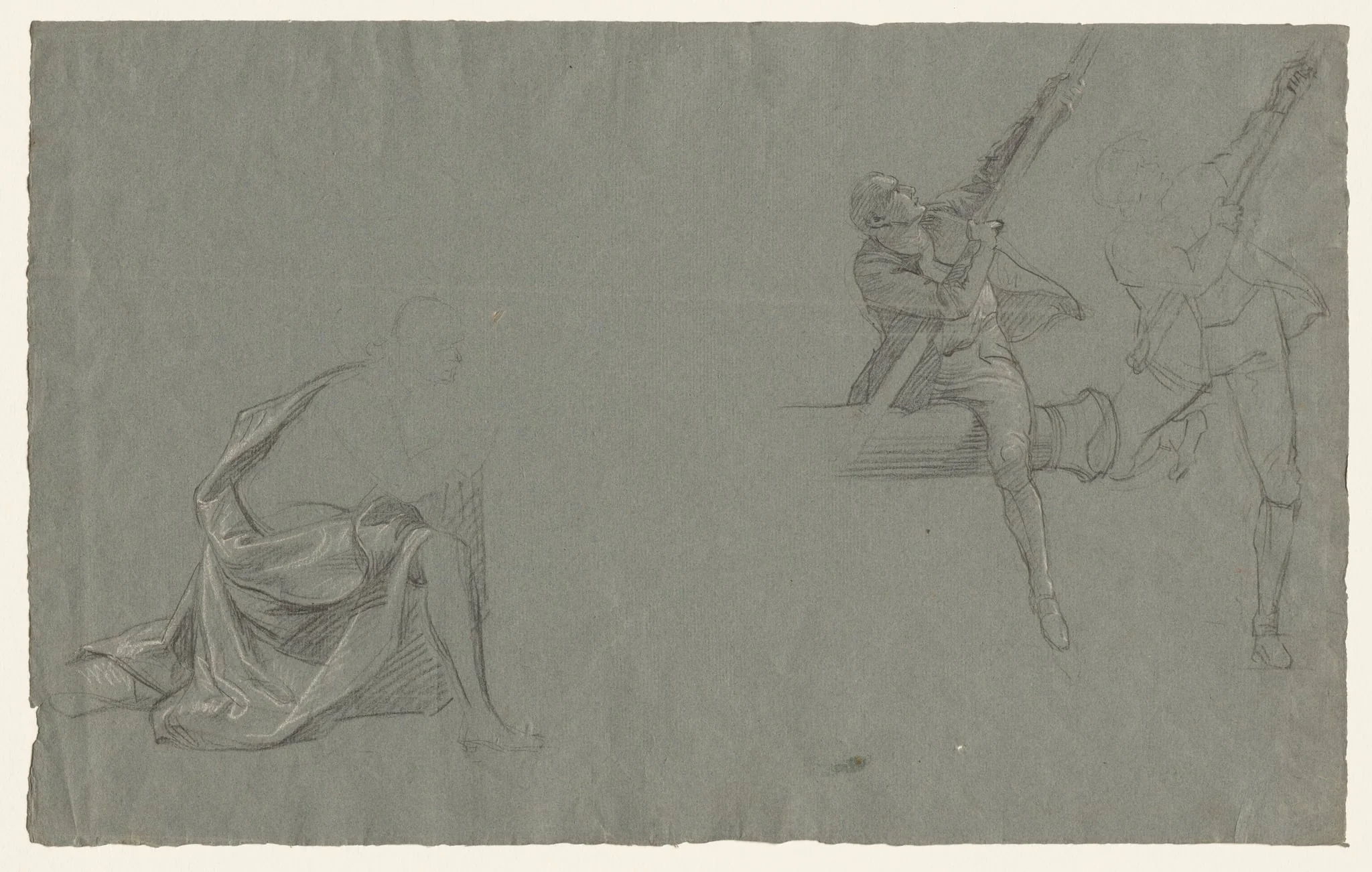 Drapery Study; Two Figures Pulling a Pole, detail