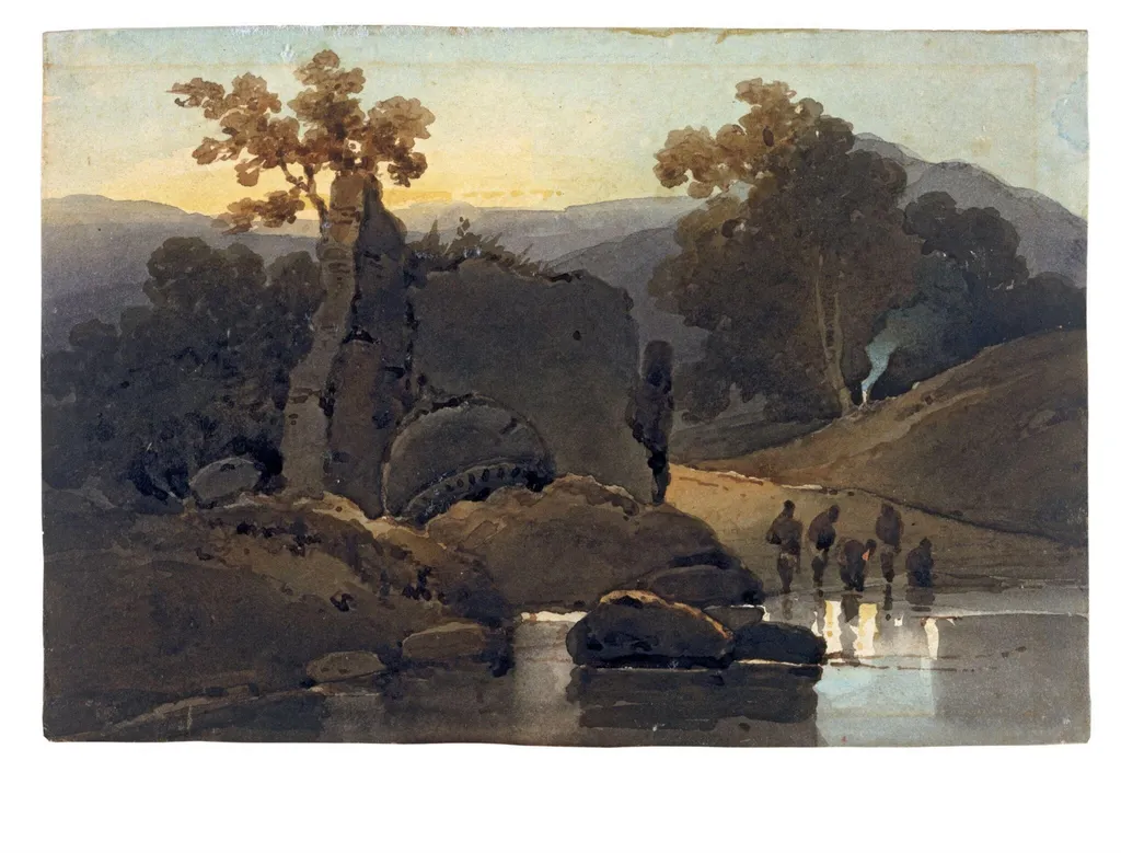 Ruined tomb with Hindu ablutions, by George Chinnery, watercolor, 1802