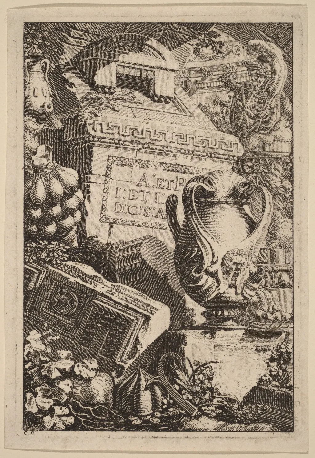 Fantasy of an Antique Tomb with Fragments of Architecture and Sculpture, by Carl Schütz, ink, 1775