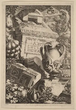 Fantasy of an Antique Tomb with Fragments of Architecture and Sculpture, by Carl Schütz, ink, 1775
