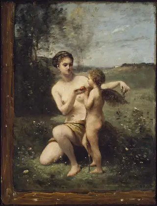 Venus Clipping Cupid's Wings, by Jean Baptiste Camille Corot, oil, 1871