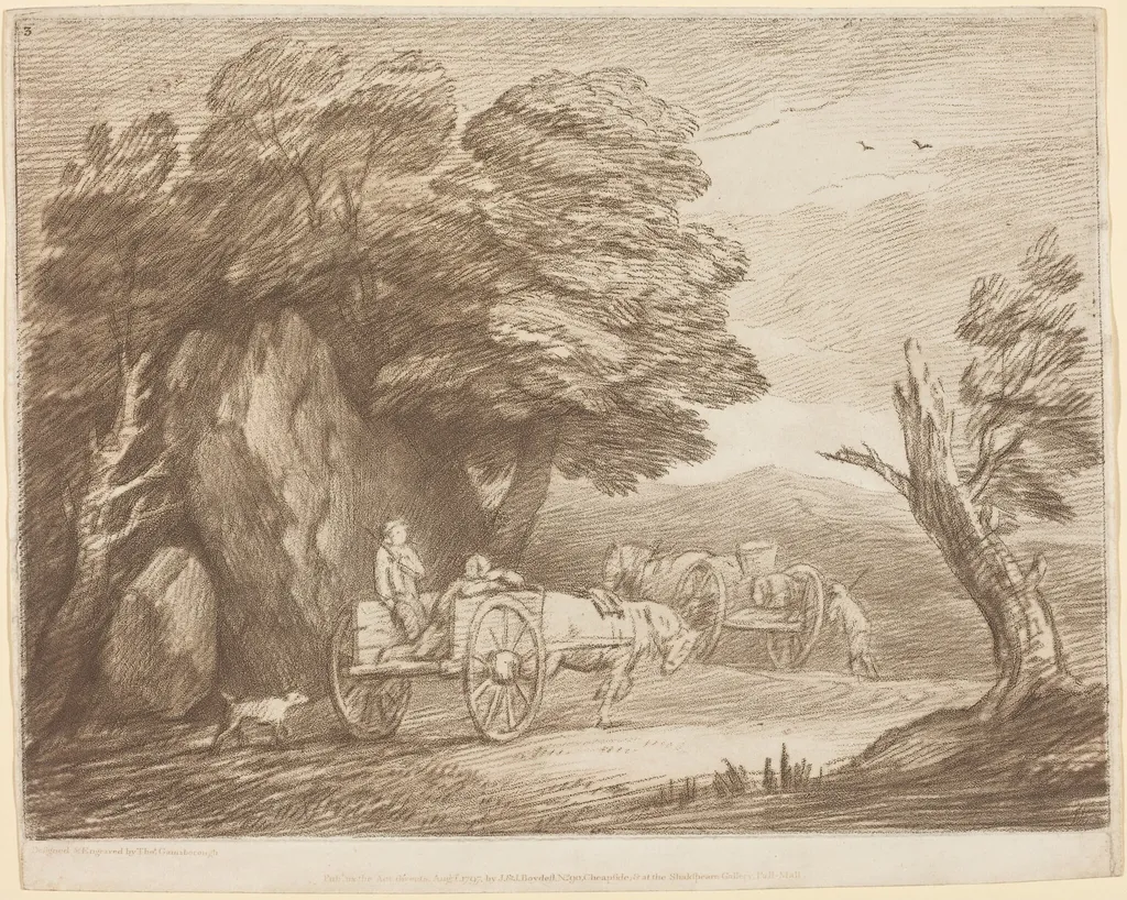 Wooded Landscape with Two Country Carts and Figures, by Thomas Gainsborough, ink, 1780