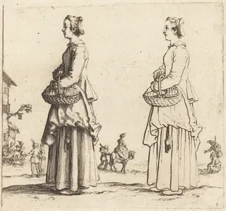 Peasant Woman with Basket, in Profile, Facing Left, by Jacques Callot, ink, 1622