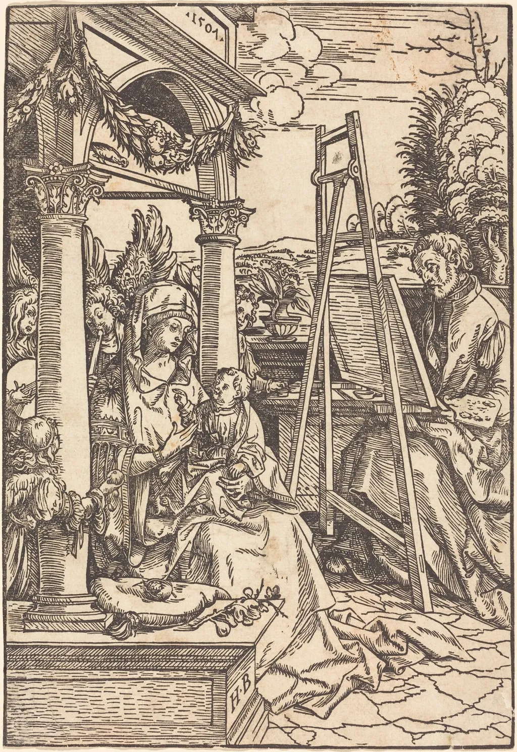 Saint Luke Painting the Portrait of the Virgin, by Hans Burgkmair I, ink, 1507