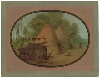 Making Flint Arrowheads - Apachees, by George Catlin, oil, 1862