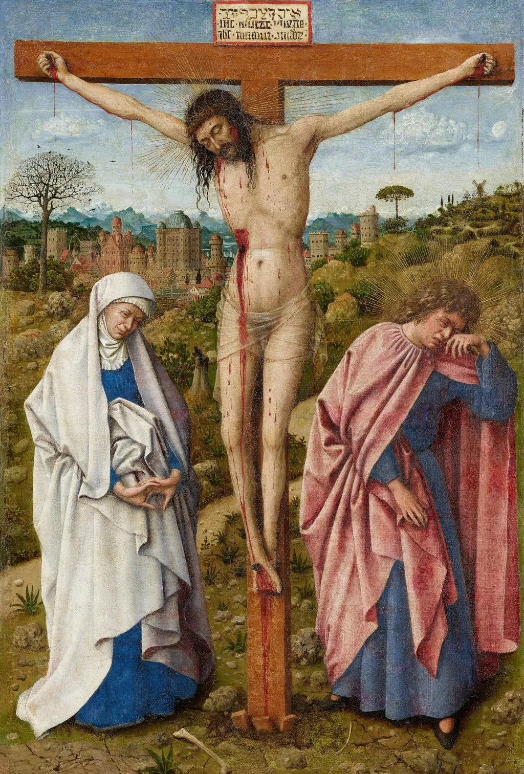 Christ on the Cross with the Virgin and Saint John, by Jan van Eyck, oil, 1430
